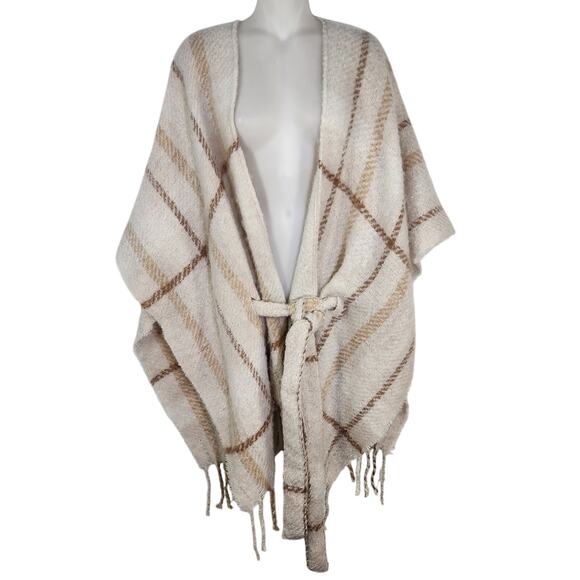 Liz Claiborne Belted Poncho Wrap Womens One Size OS Fringe Plaid Neutral Ivory - Picture 1 of 12